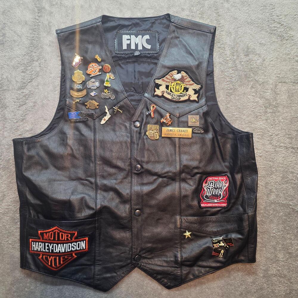 Vintage FMC Leather Vest Mens 46 Black Harley HOG Augusta Biker Patches Pins